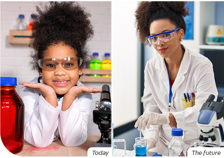 Before/after images of African American smiling in a laboratory. Left side, she's a child with label: Today. Right side, she's an adult with label: The future.